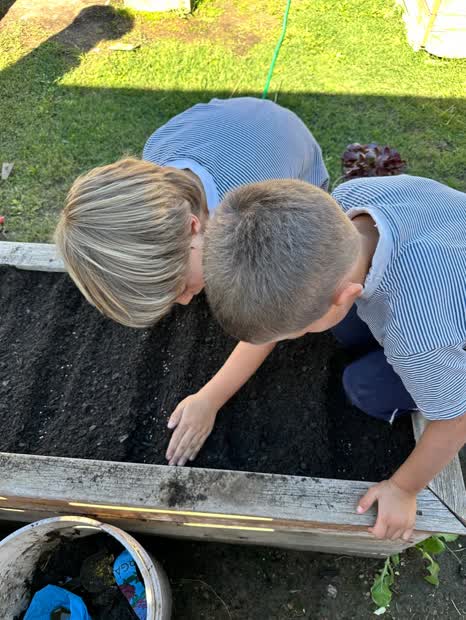 Dos chicos trabajando la tierra en el cantero de la huerta